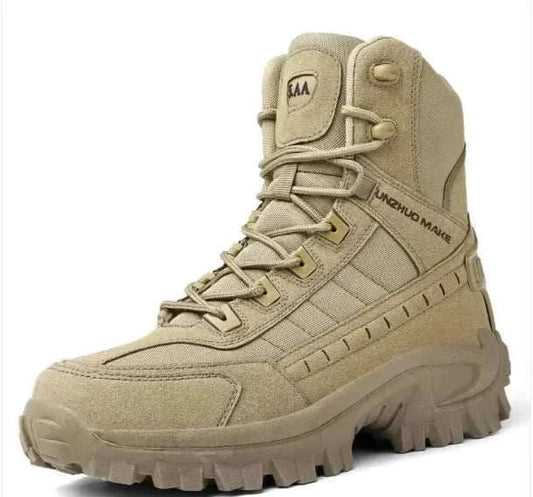 Men's outdoor tactical boots in sand, brown, and army green colors with polyester fabric and various sizes for comfortable fit