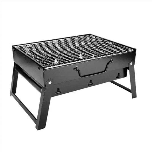 Outdoor charcoal BBQ grill with lid open