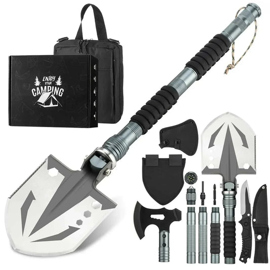 ZenMaster Survival Shovel and Axe multi-tool with carbon steel shovel, stainless steel axe, extension handles, and survival accessories