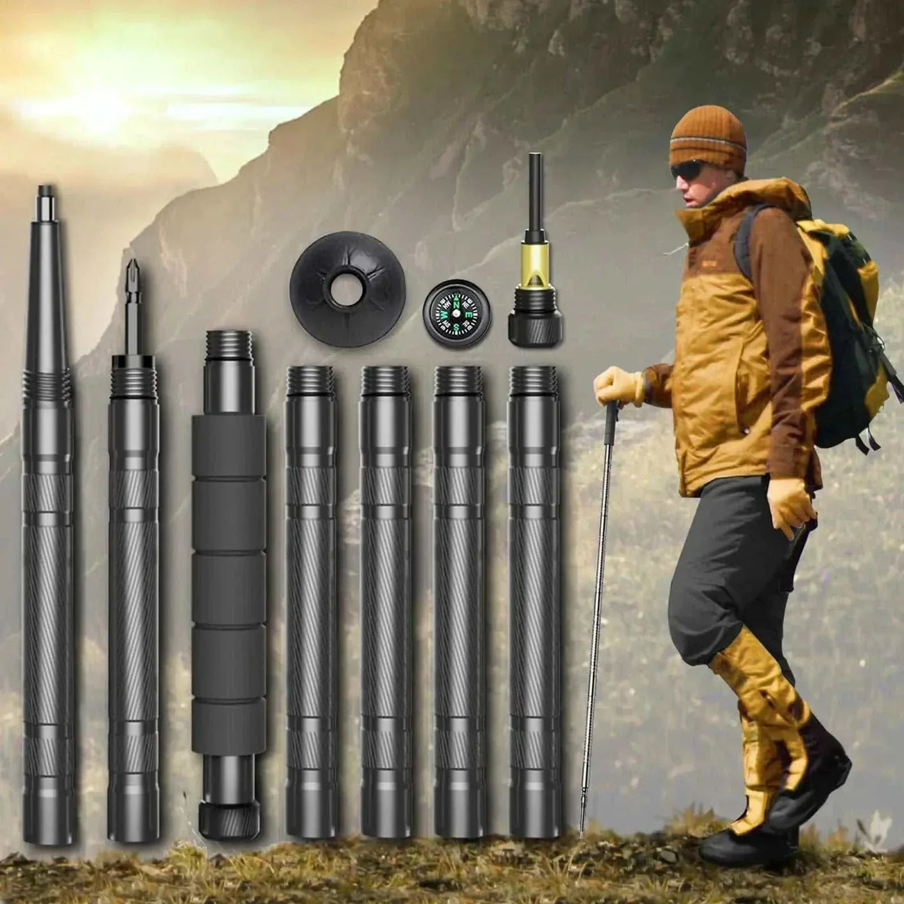 TrailMaster Collapsible Trekking Pole with compass and whistle for outdoor trekking